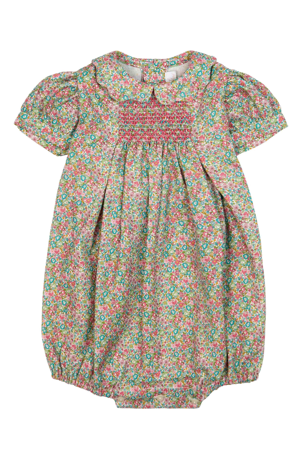 PUNCHED FLOWER ROMPER WITH SMOCK STITCHING