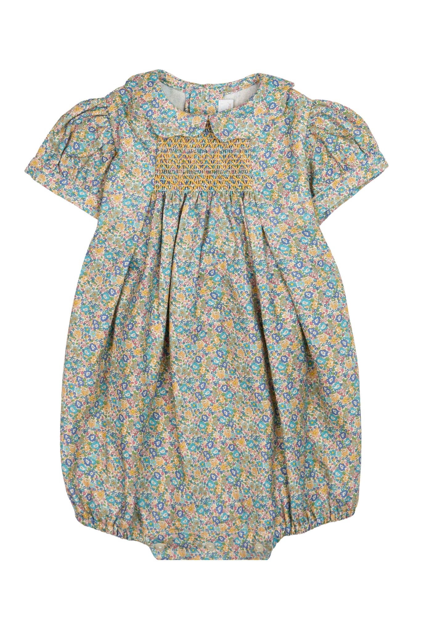 PUNCHED FLOWER ROMPER WITH SMOCK STITCHING